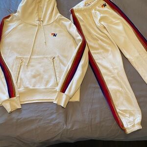 Aviator Nation Cream Joggers with Rainbow Velvet Stripes